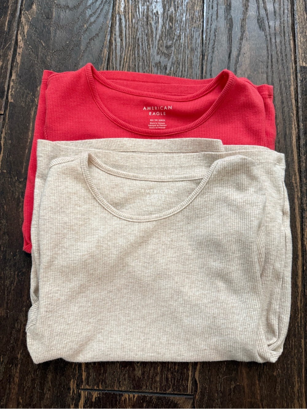 Two American Eagle Outfitters Ribbed Crewneck Tops - Coral Pink and Cream